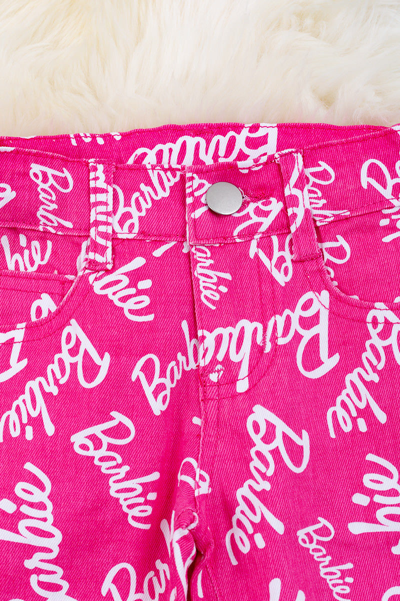 Hot pink Bar*** printed skinny jeans.