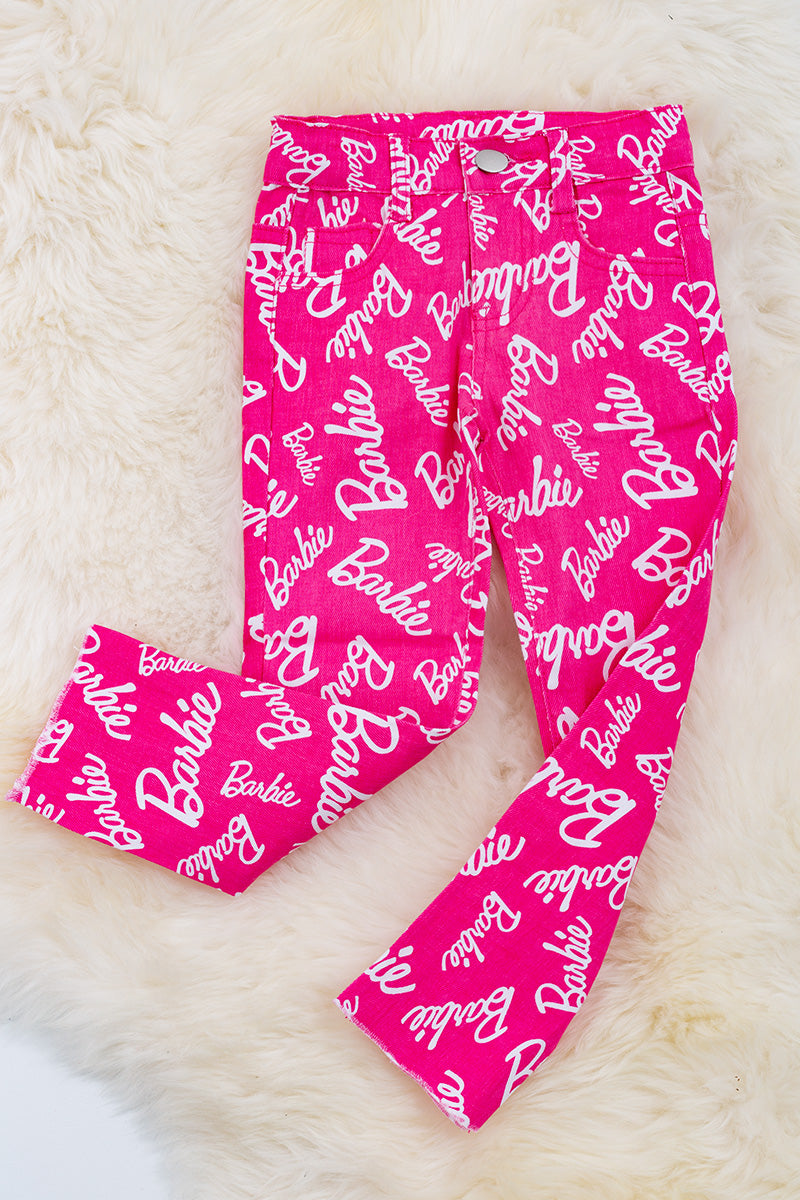 Hot pink Bar*** printed skinny jeans.