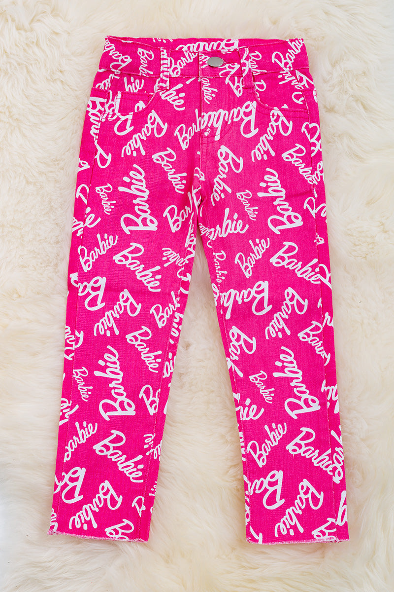 Hot pink Bar*** printed skinny jeans.