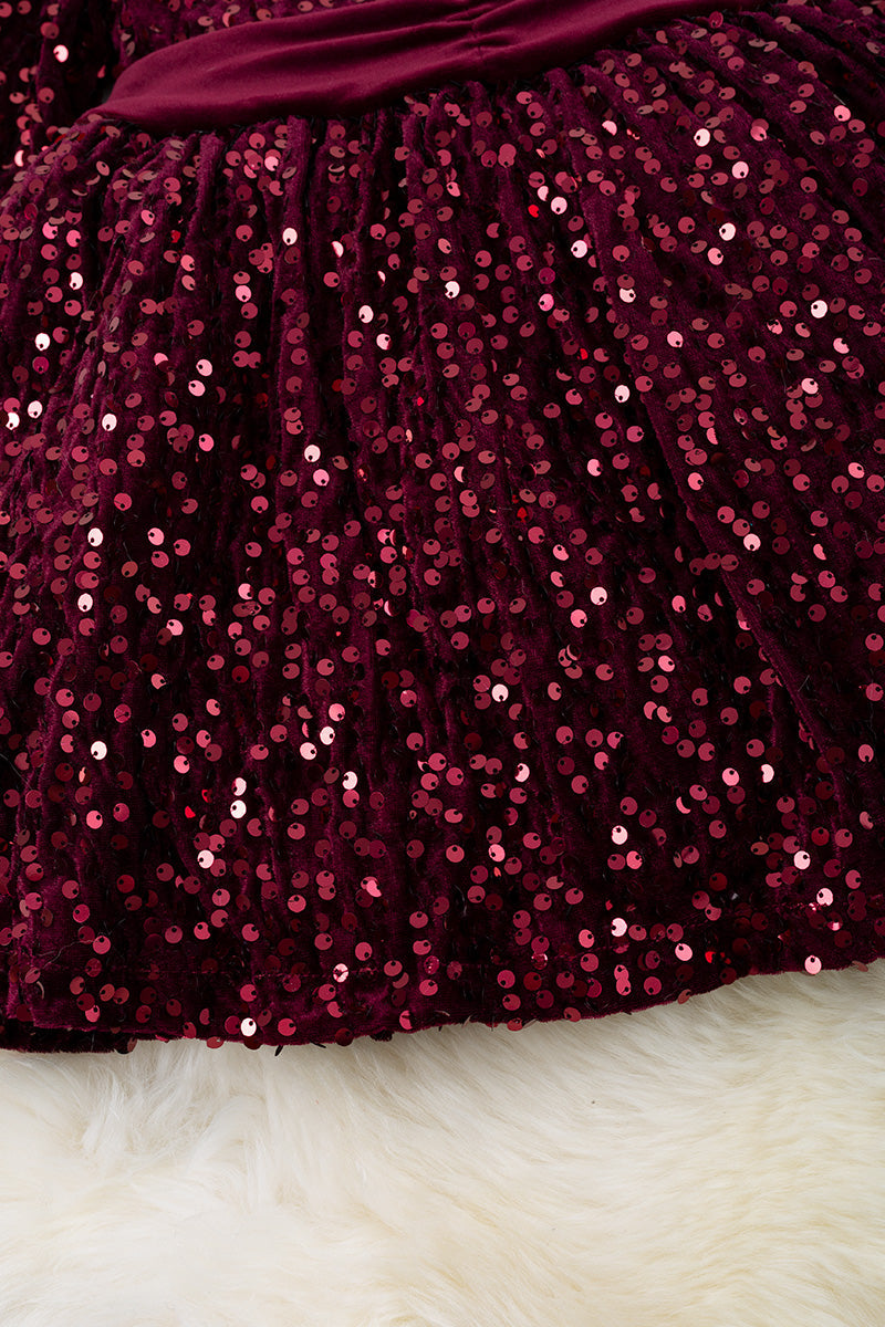 Holiday Long Sleeve Dress w/ Wine Sequins