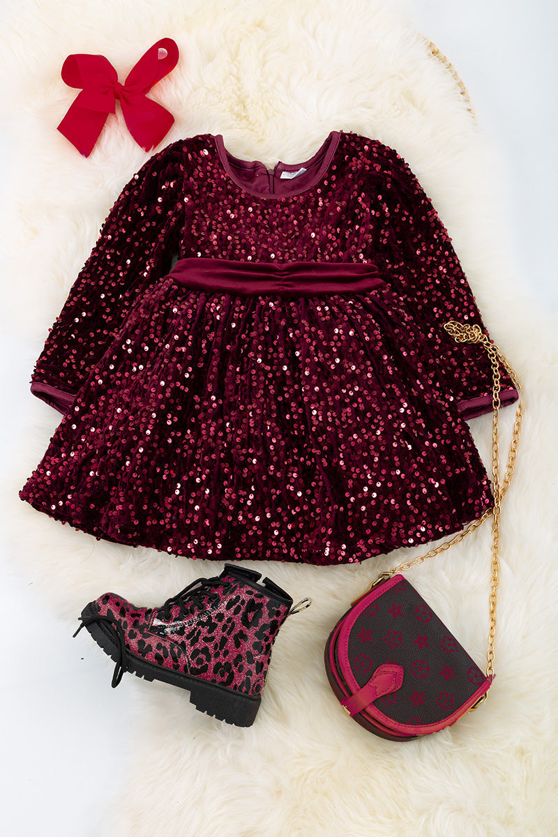Holiday Long Sleeve Dress w/ Wine Sequins