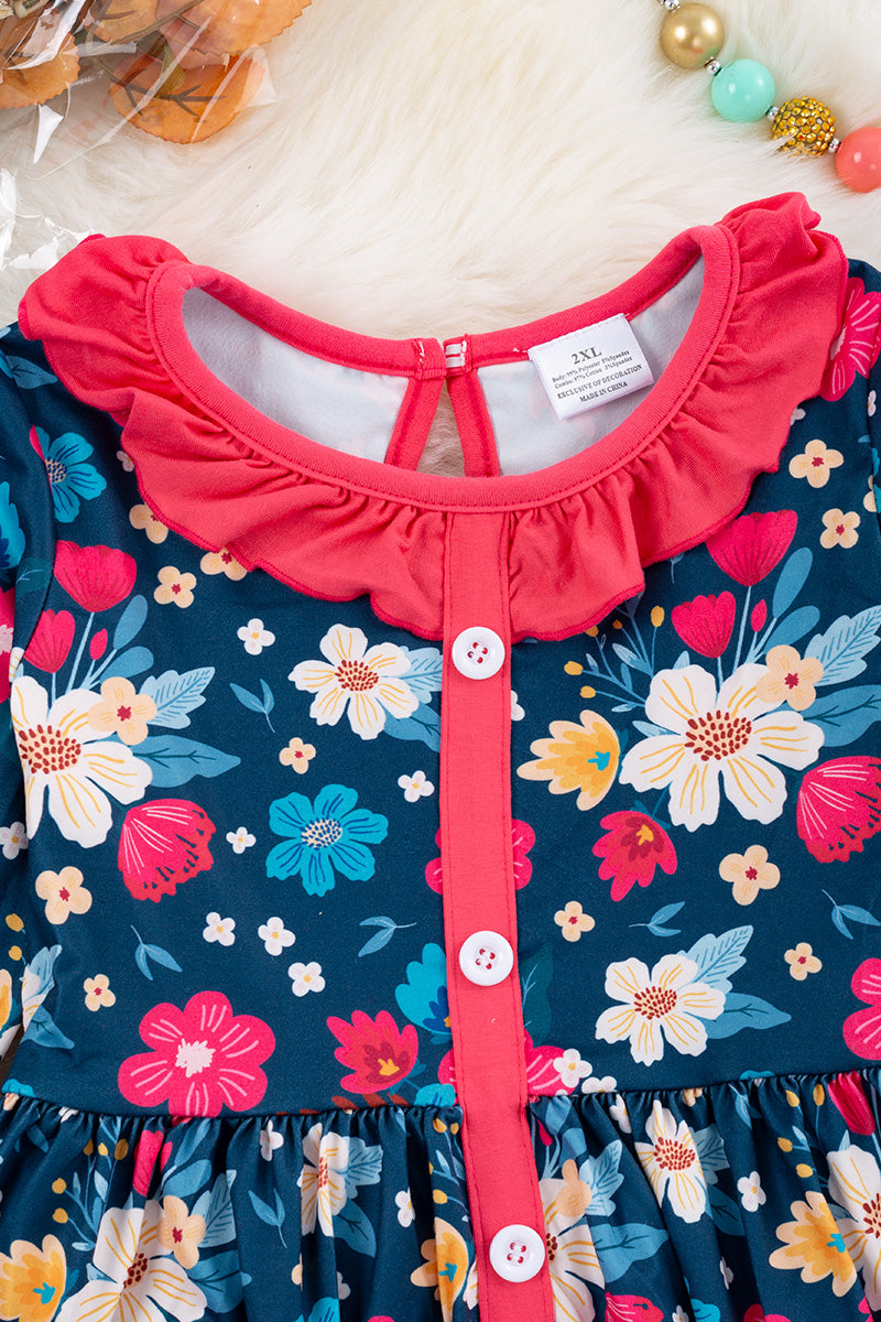 Spring navy blue floral print dress