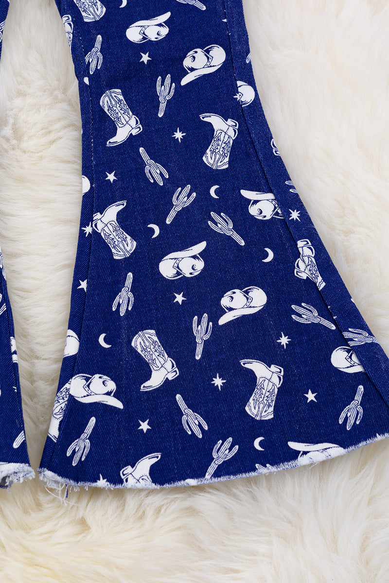 Navy blue western printed bootcut pants.