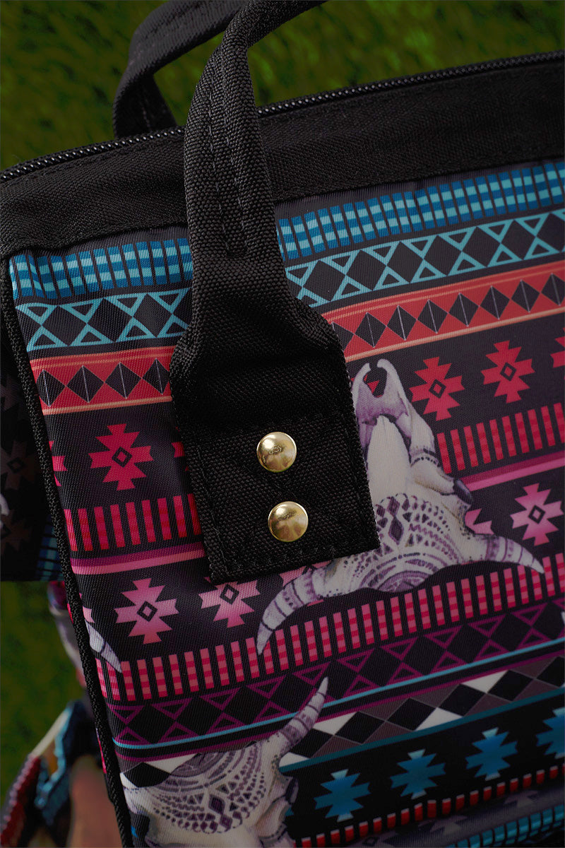 Bull skull printed diaper bag.