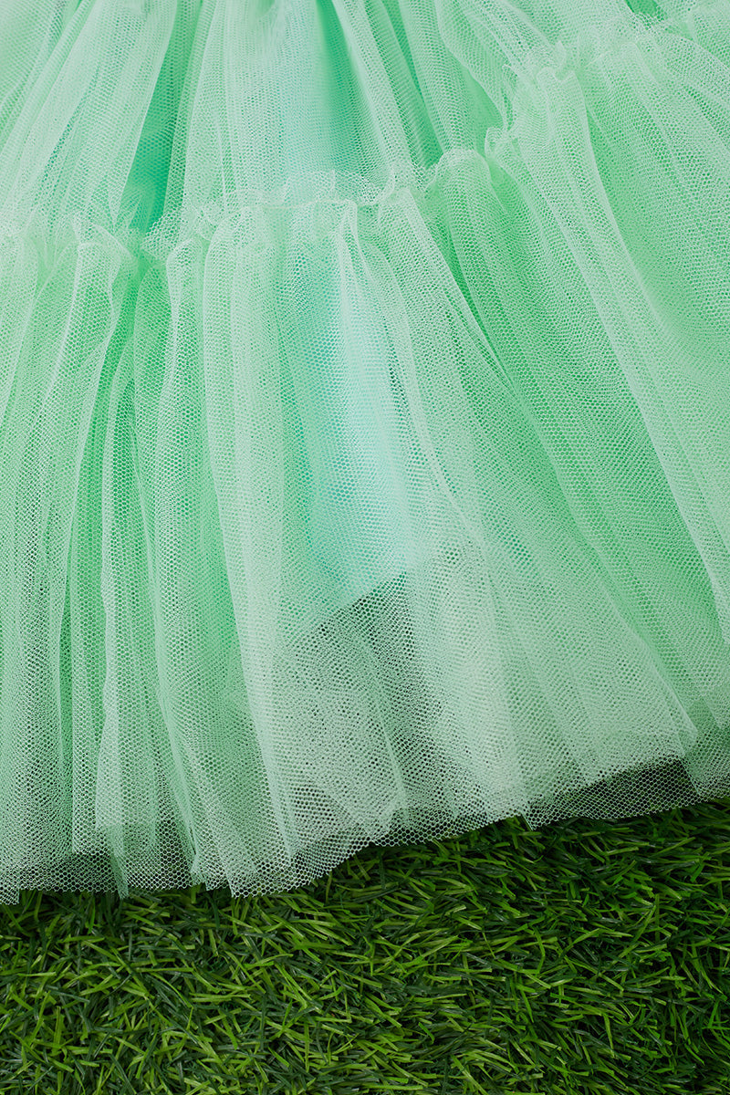 Mint tulle bottom dress with sequins & angel sleeves.