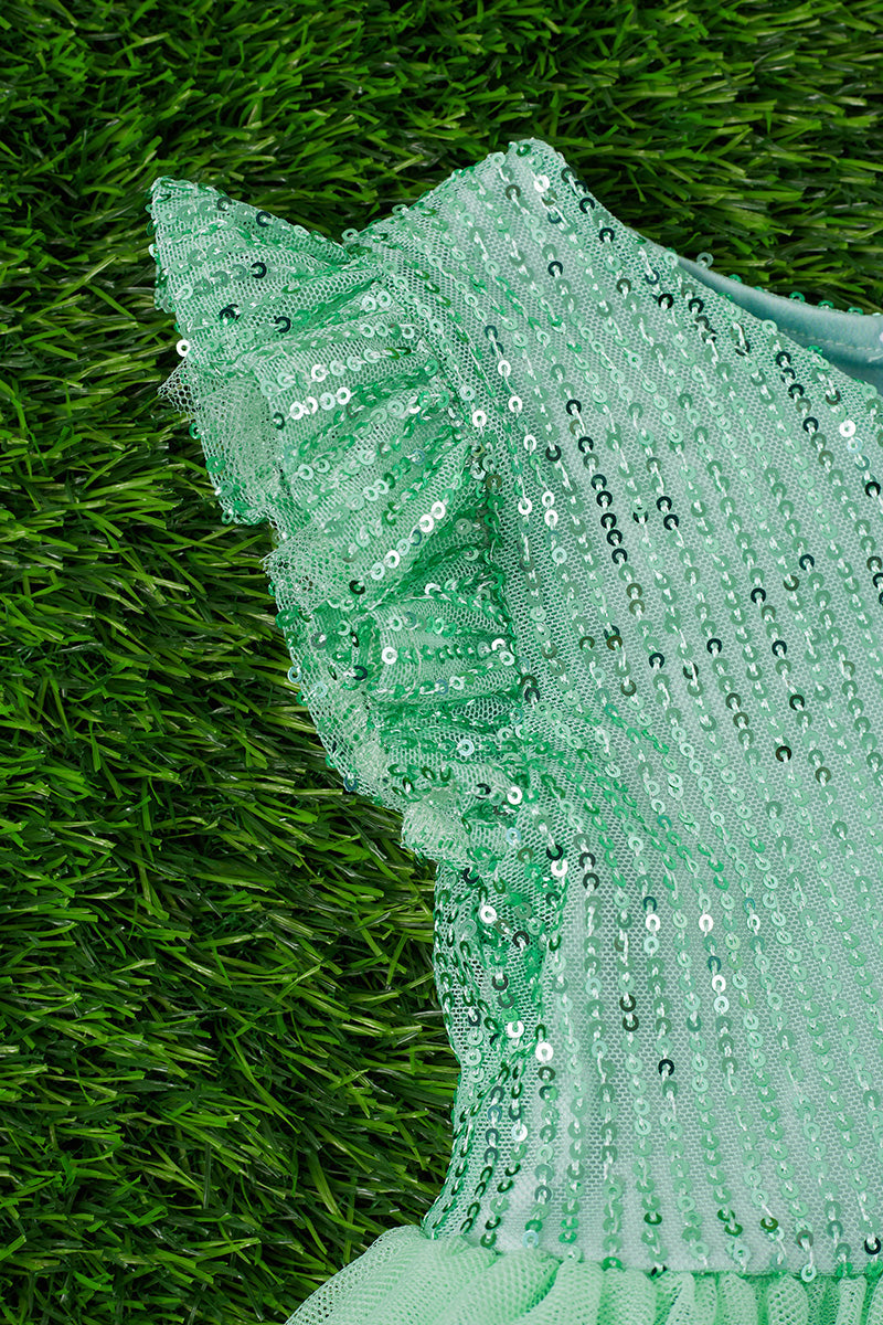 Mint tulle bottom dress with sequins & angel sleeves.