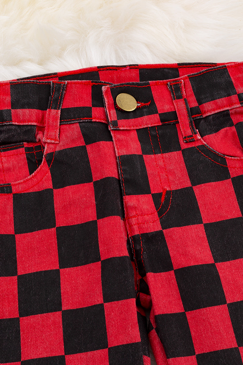 Red & black checkered bootcut pants.