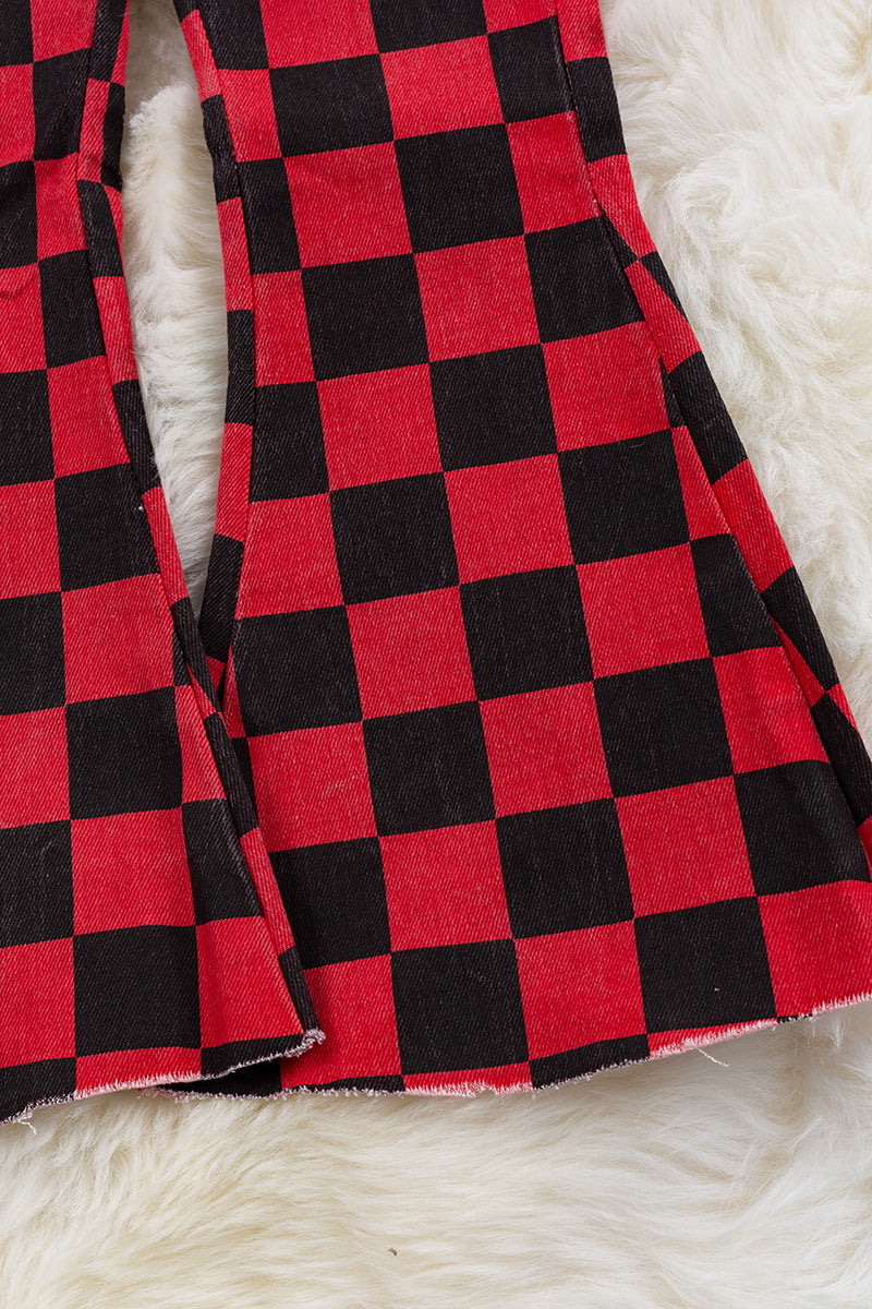 Red & black checkered bootcut pants.