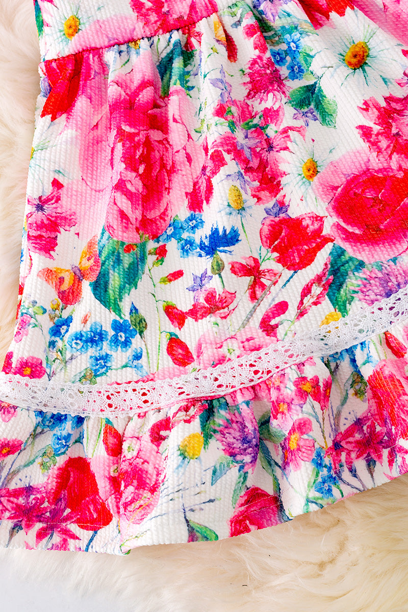 Peony & Daisy Printed Dress w/ Lace Detail