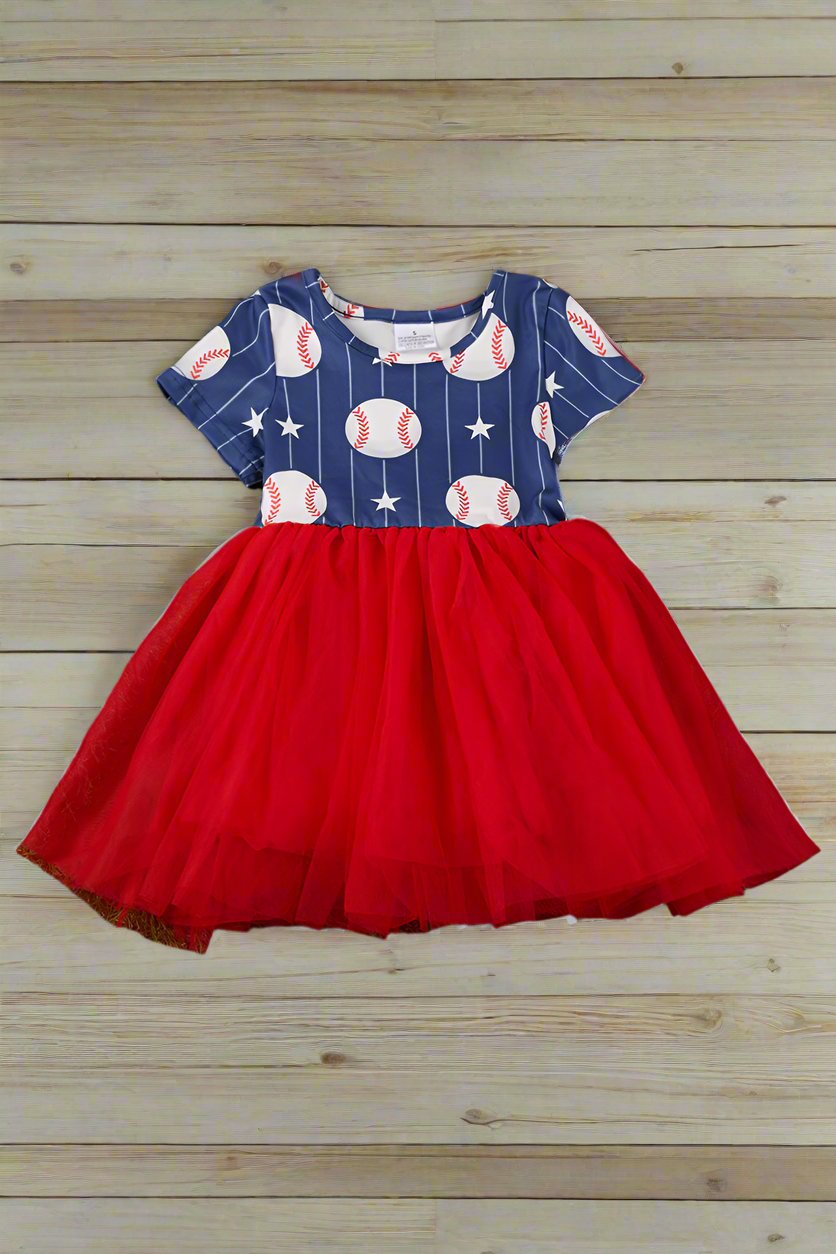 Navy Blue Baseball Printed & Red Tulle Dress
