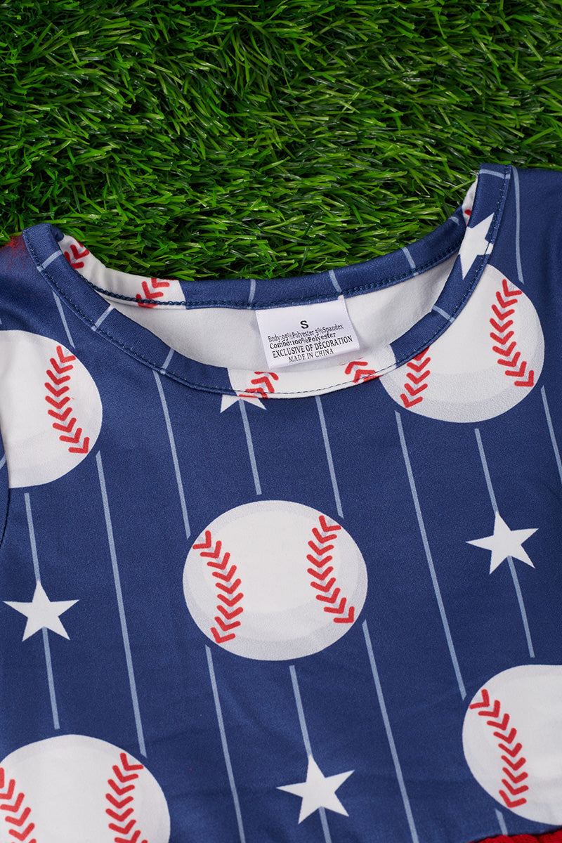 Navy Blue Baseball Printed & Red Tulle Dress