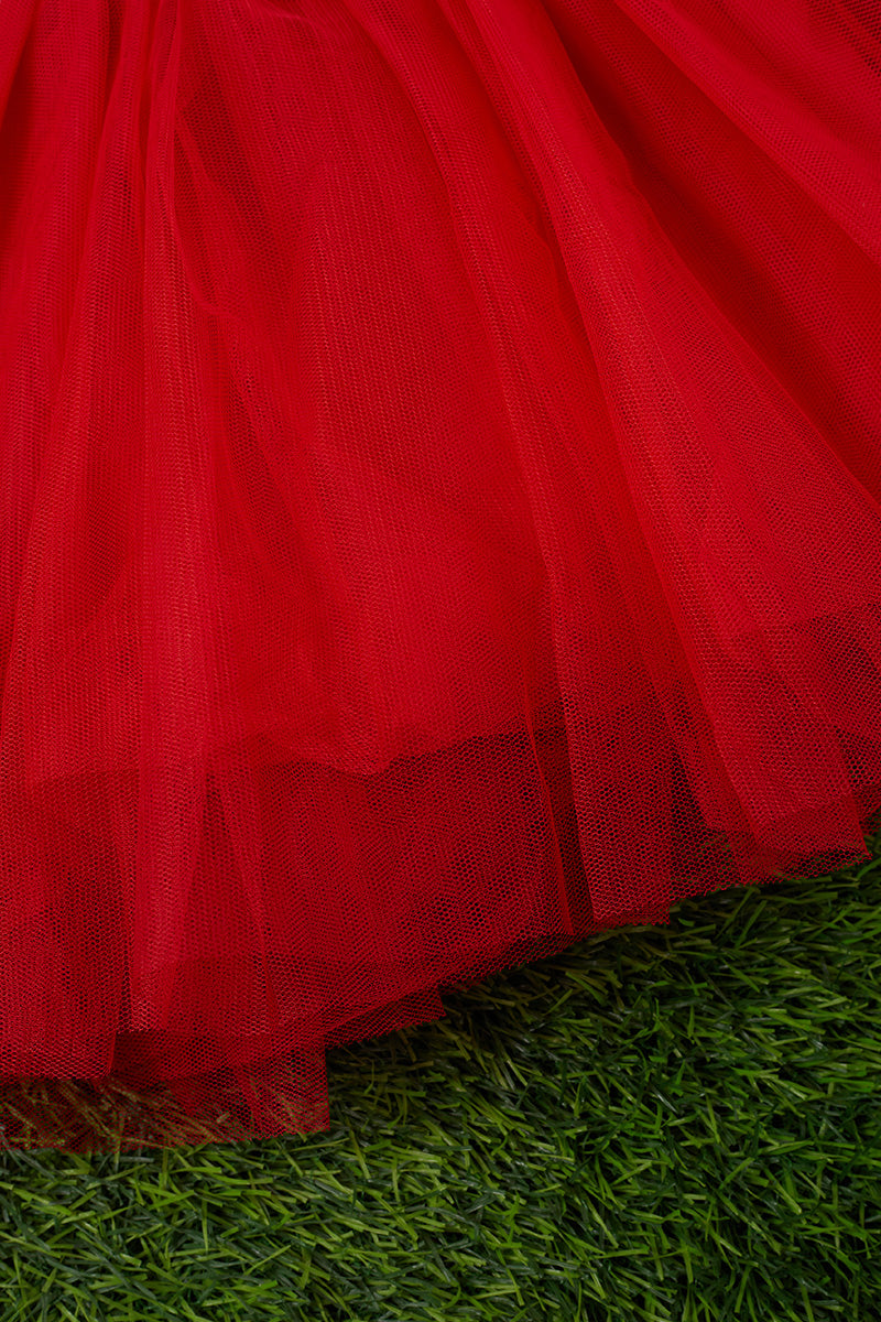 Navy Blue Baseball Printed & Red Tulle Dress