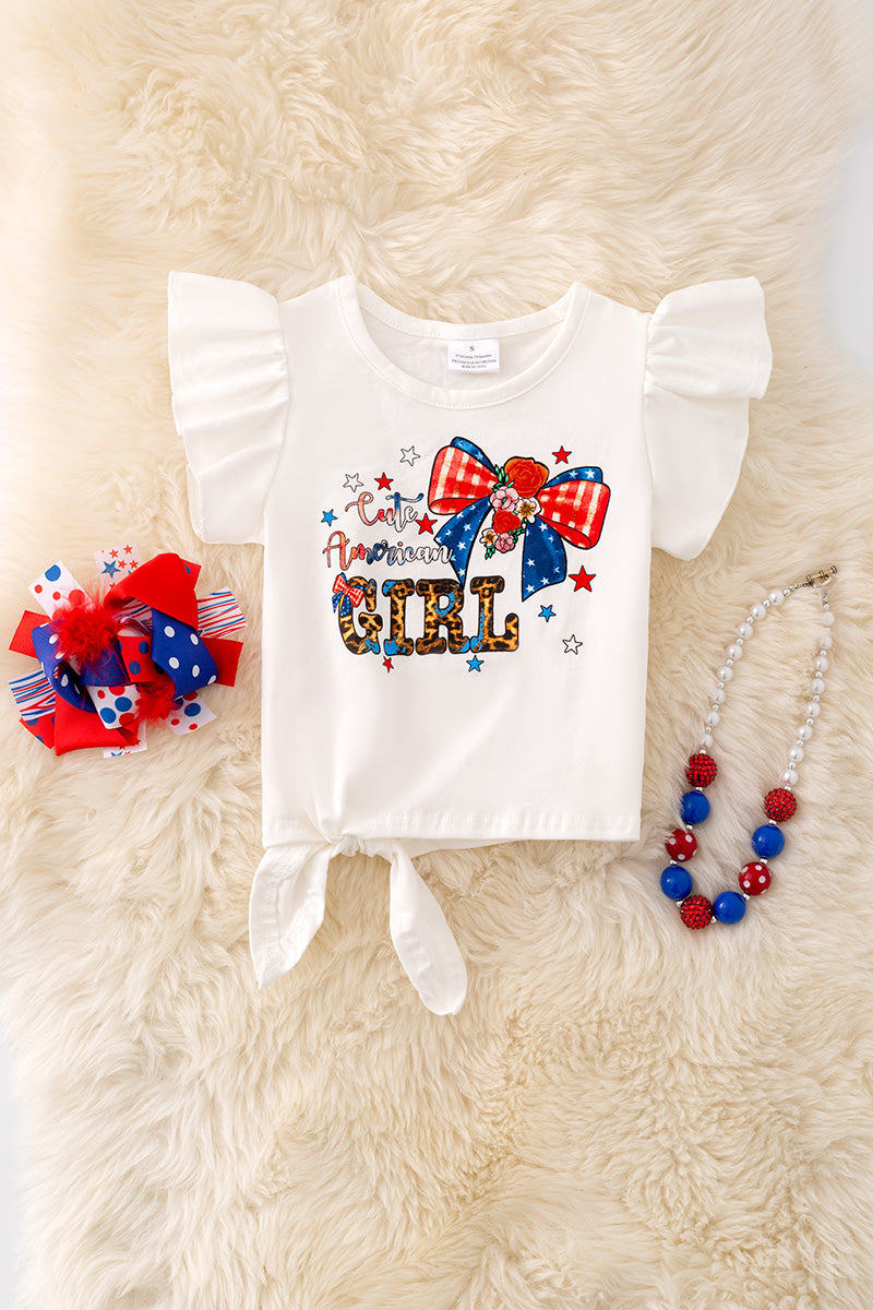"Cute American Girl" White side knot top with angel sleeves.