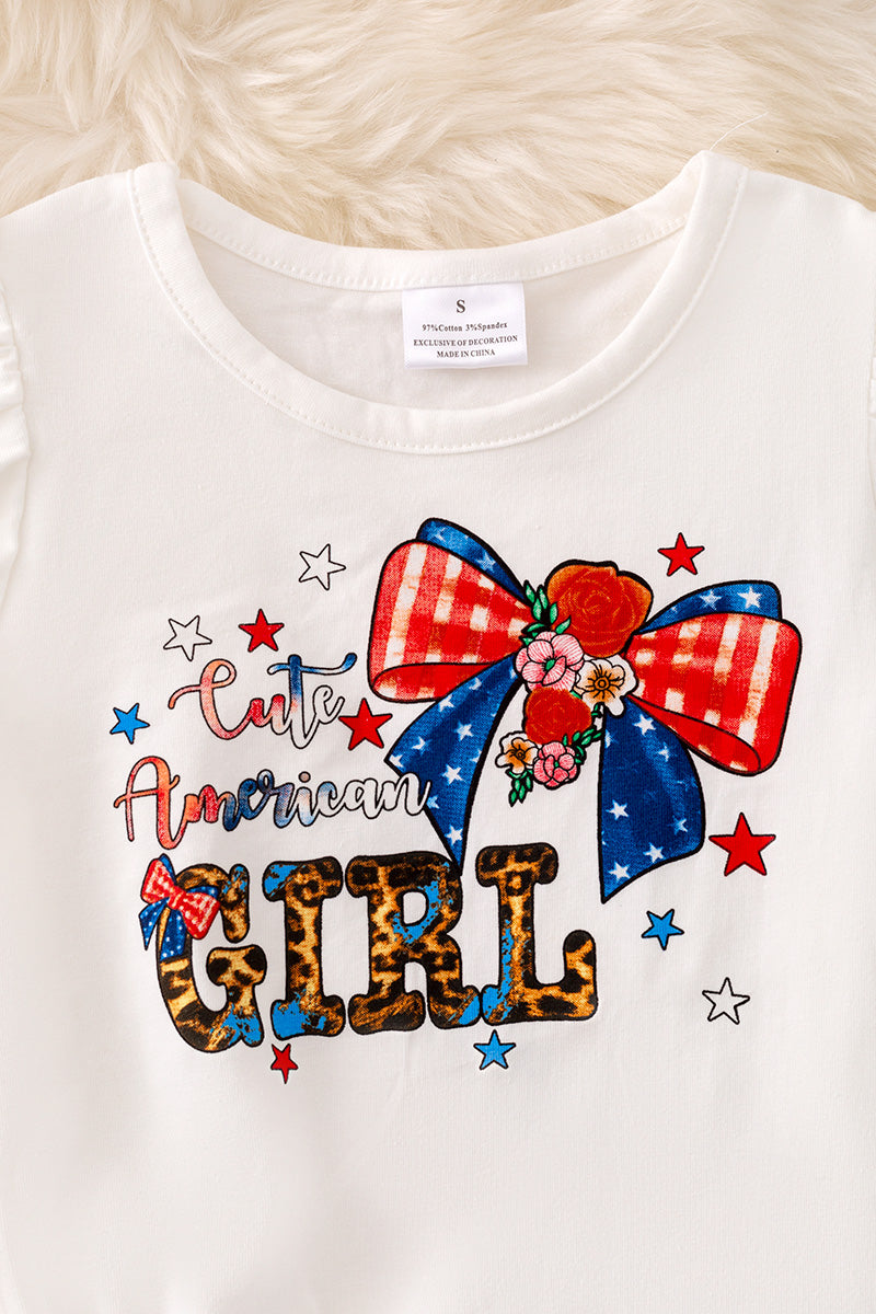 "Cute American Girl" White side knot top with angel sleeves.