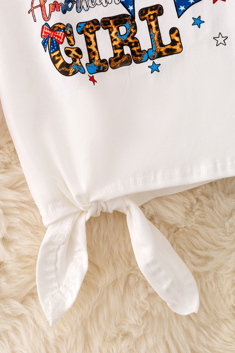 "Cute American Girl" White side knot top with angel sleeves.