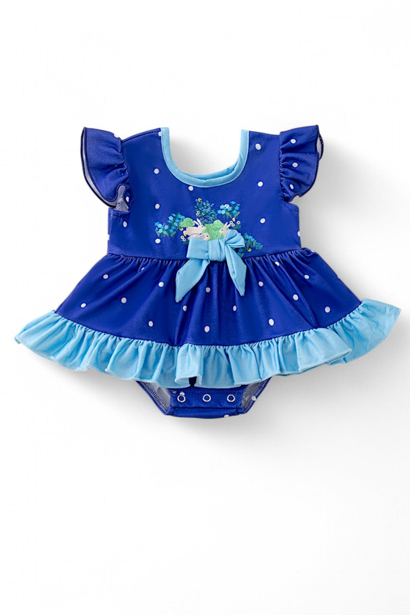 Royal blue Easter bunny printed girls baby onesie.