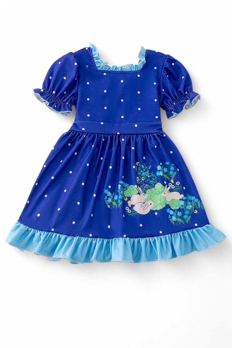 Royal polka dot printed girls dress with bunnies.