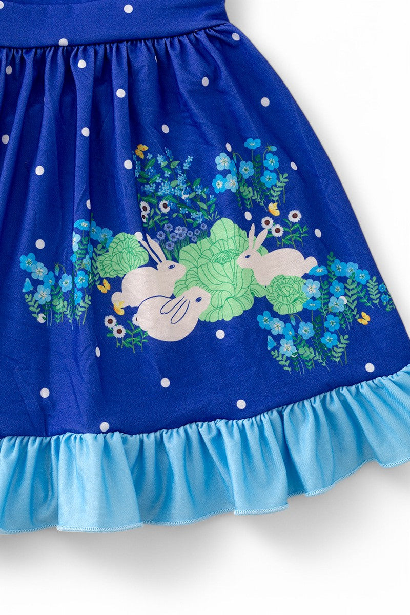 Royal polka dot printed girls dress with bunnies.