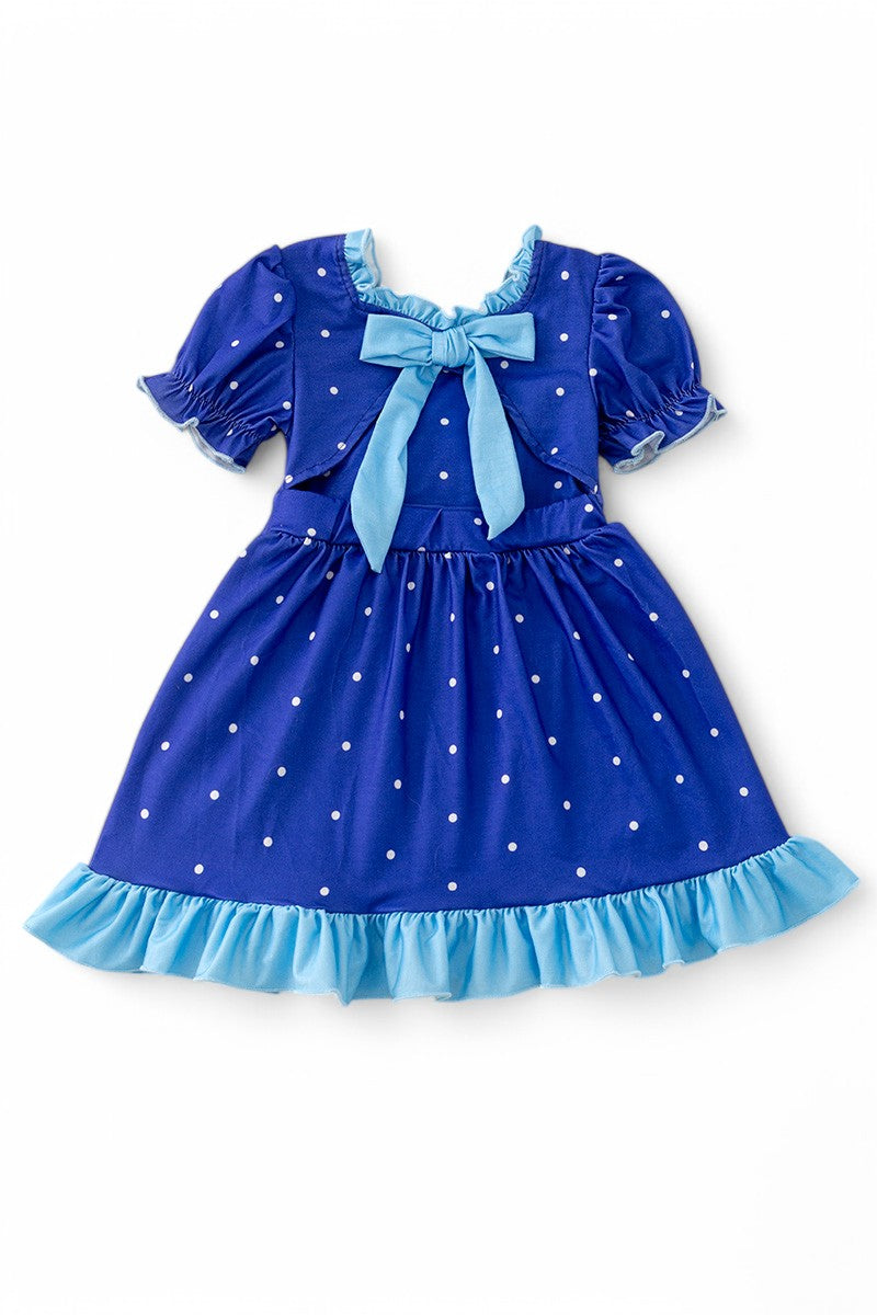 Royal polka dot printed girls dress with bunnies.
