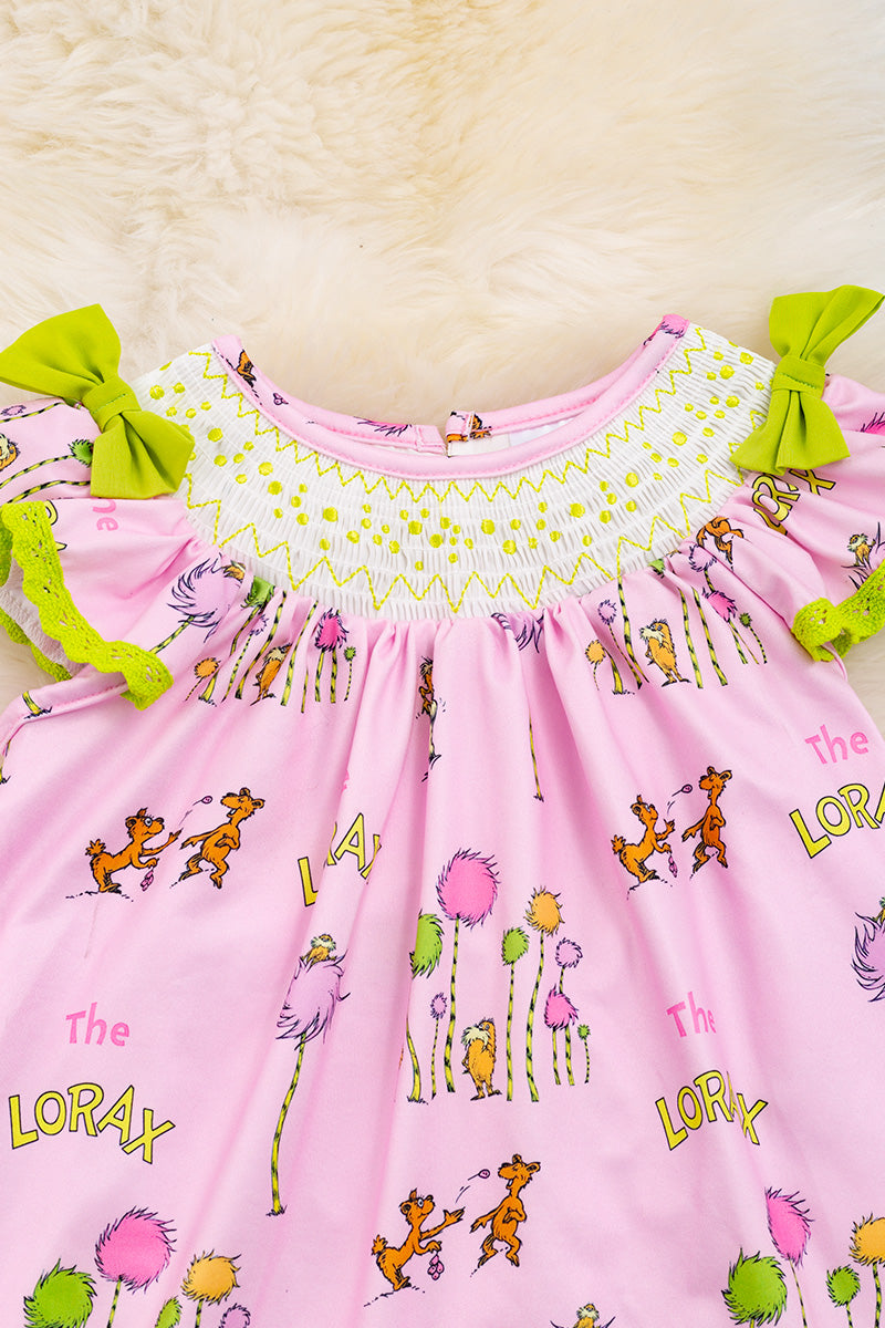 Pink Smocked Dress w/ Printed Character and Neon Green Detail
