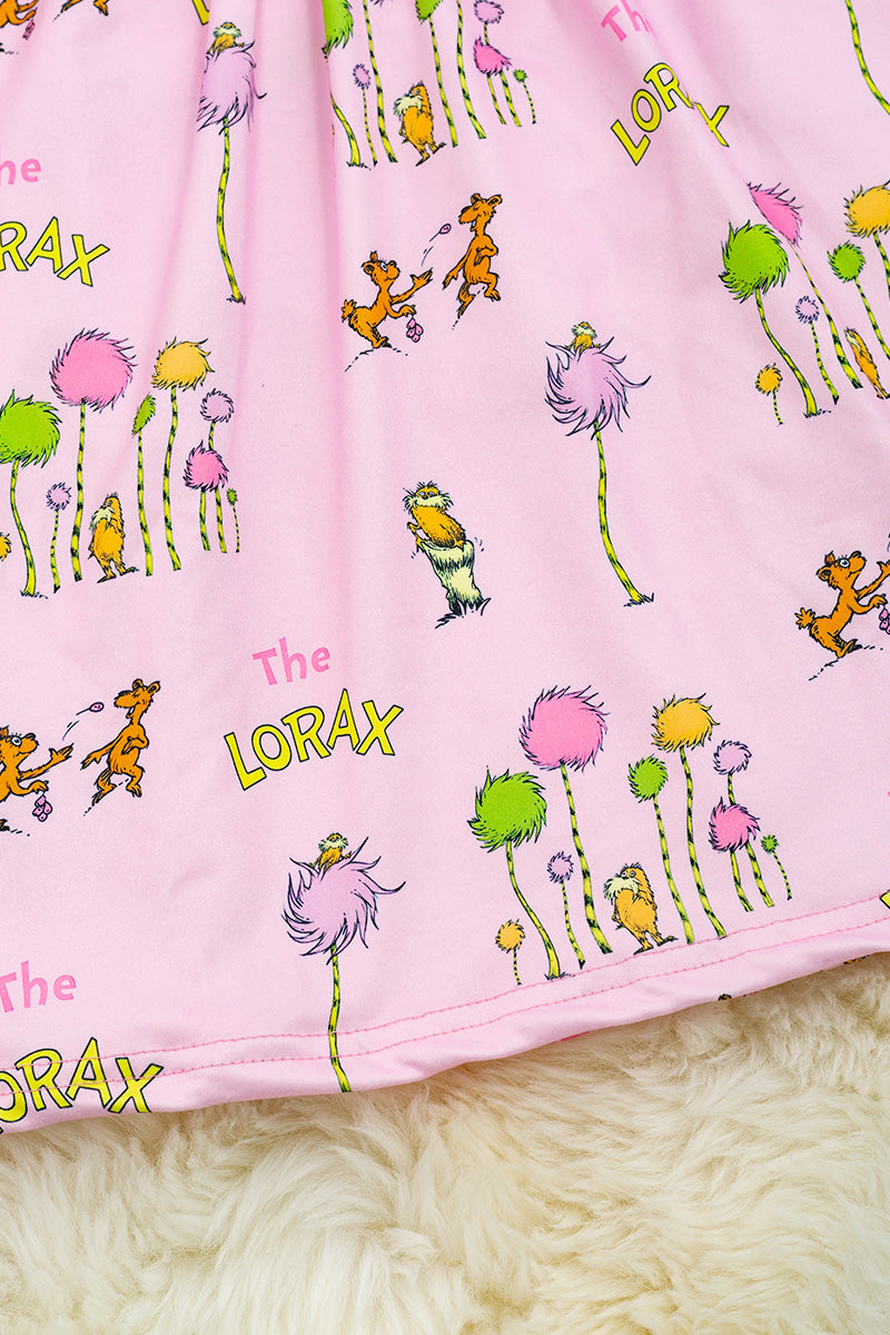 Pink Smocked Dress w/ Printed Character and Neon Green Detail