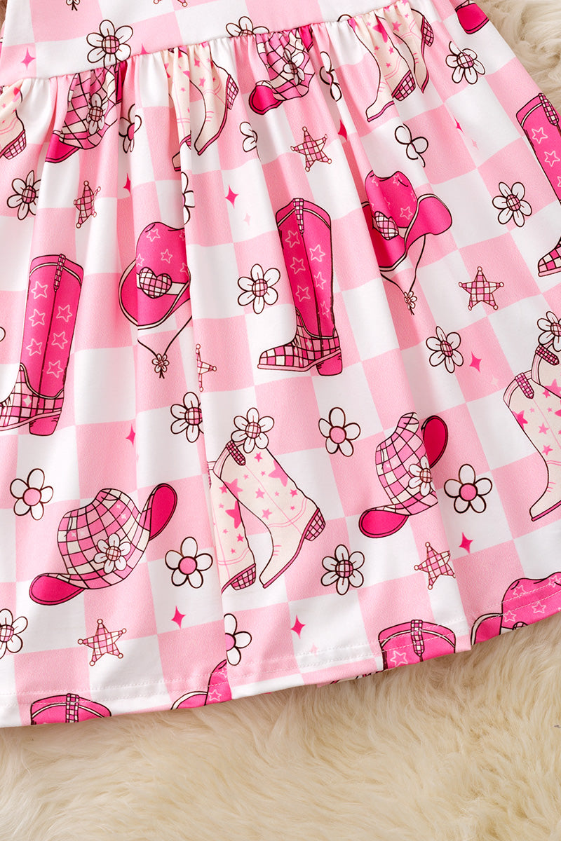 Western-checkered printed girls dress. DRG54119