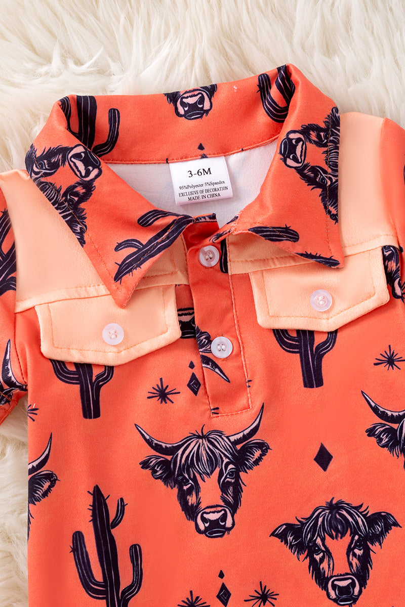 Orange Highland cow printed baby romper.