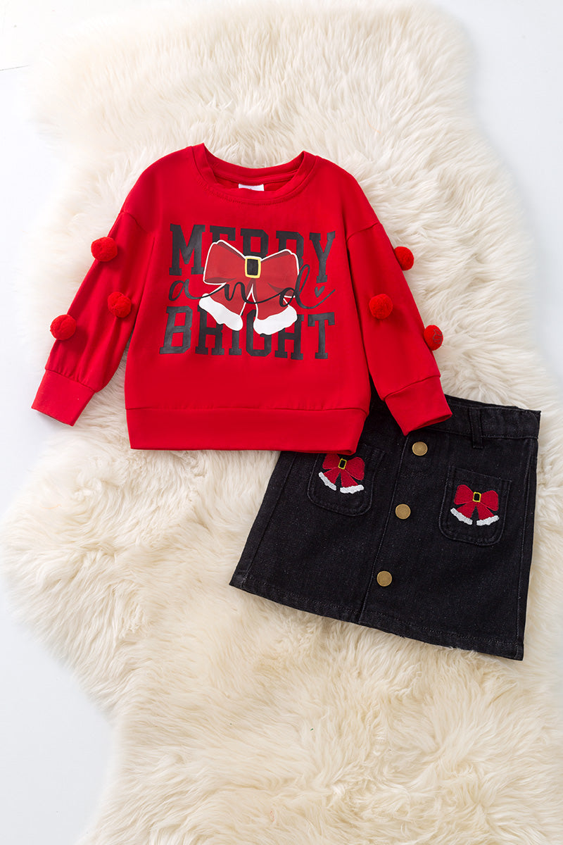 "Merry & Bright" Red pom pom sleeve sweatshirt & denim skirt.