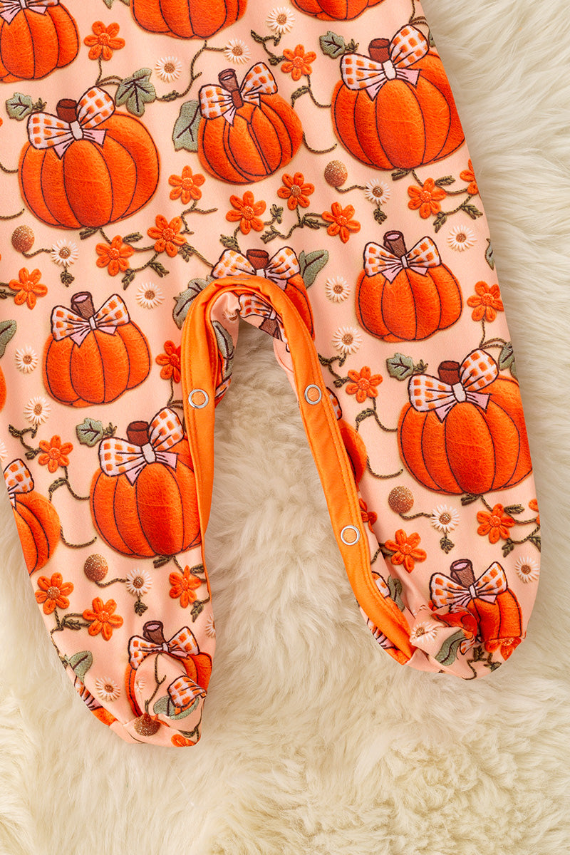 Fall pumpkin printed girls baby bodysuit with footie.