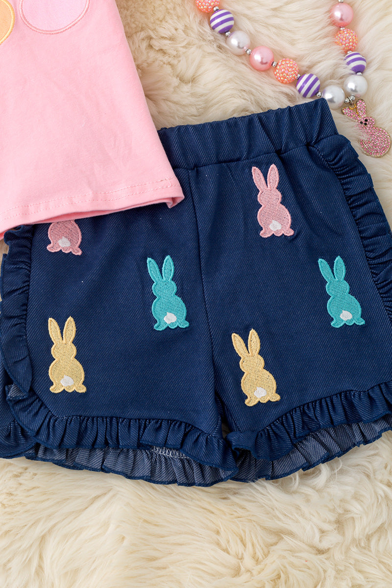 Peep applique bubble sleeve top & dark blue ruffle shorts. OFG50166 JEAN