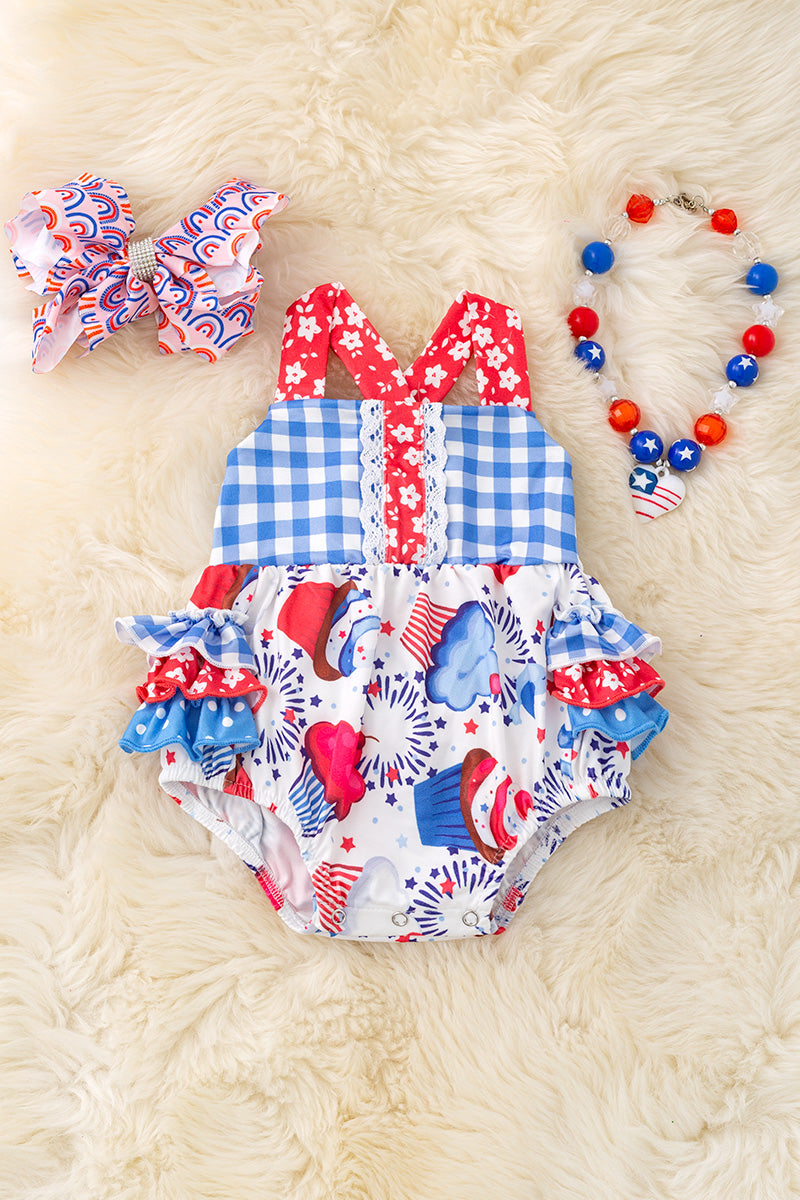 Cup cake printed patriotic baby onesie w/ruffle butt. RPG50579