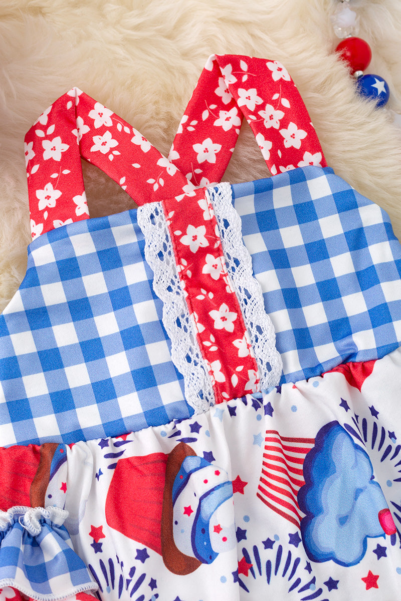 Cup cake printed patriotic baby onesie w/ruffle butt. RPG50579