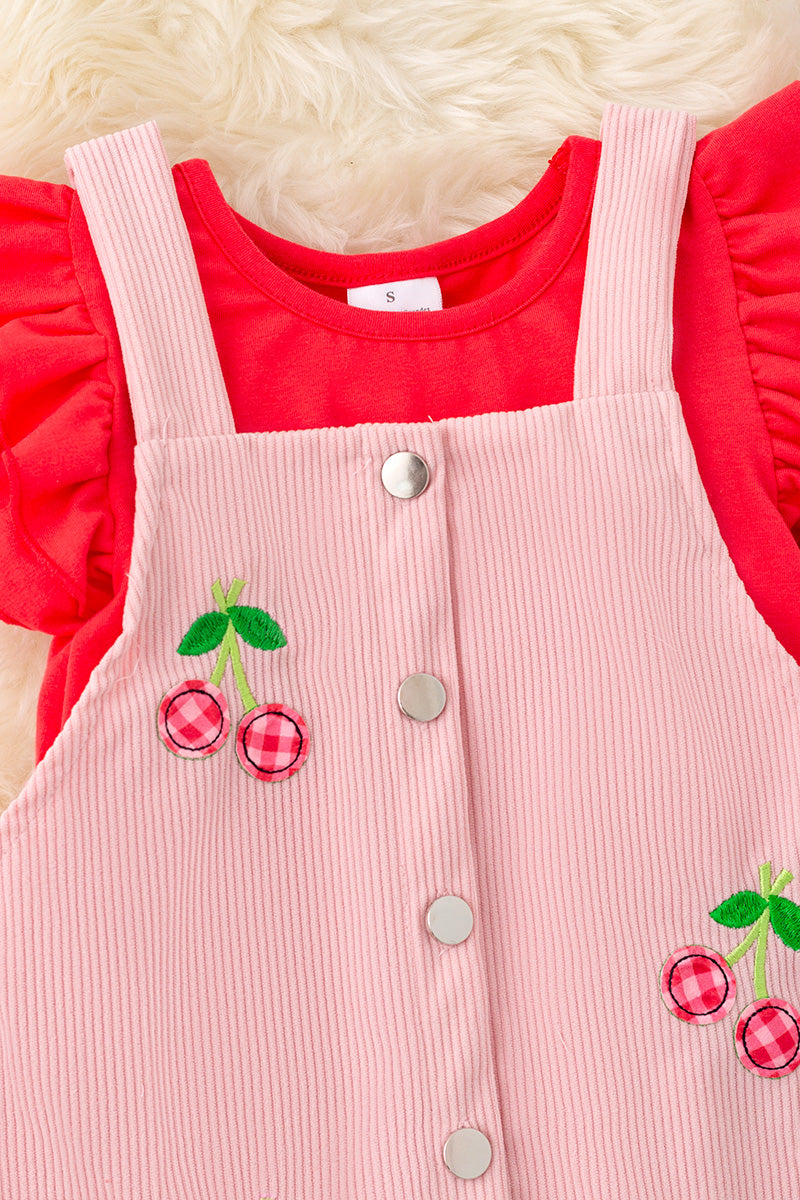 Plaid cherry applique on pink corduroy dress & red under shirt.