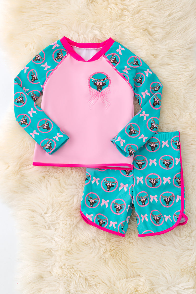 "Dearly Loved" Highland cow long sleeve swim top & shorts.