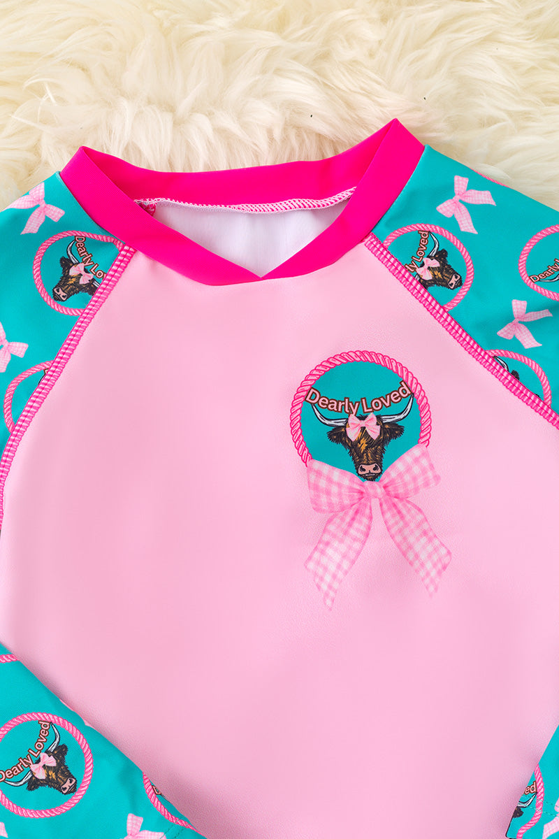 "Dearly Loved" Highland cow long sleeve swim top & shorts.