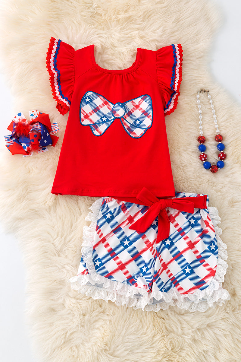 Red coquette bow applique top & plaid shorts. OFG50590