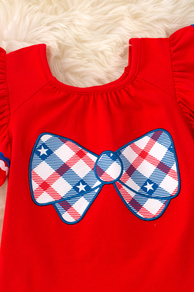 Red coquette bow applique top & plaid shorts. OFG50590