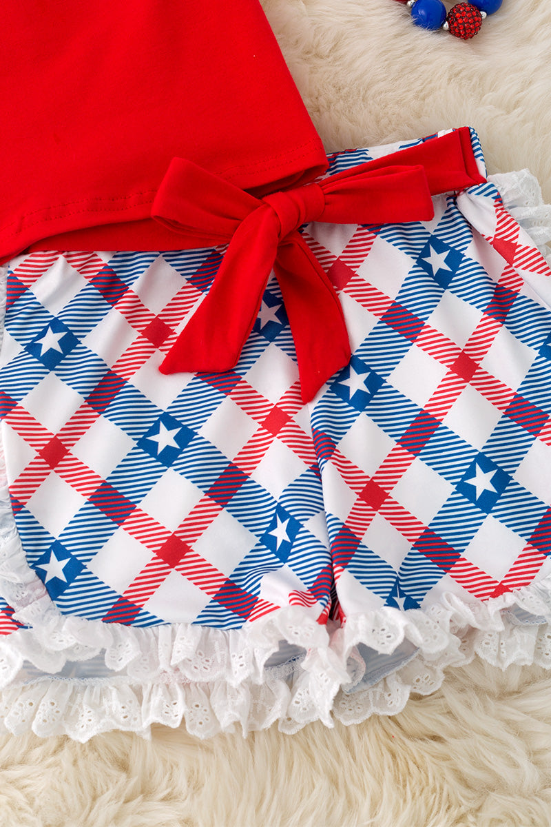 Red coquette bow applique top & plaid shorts. OFG50590