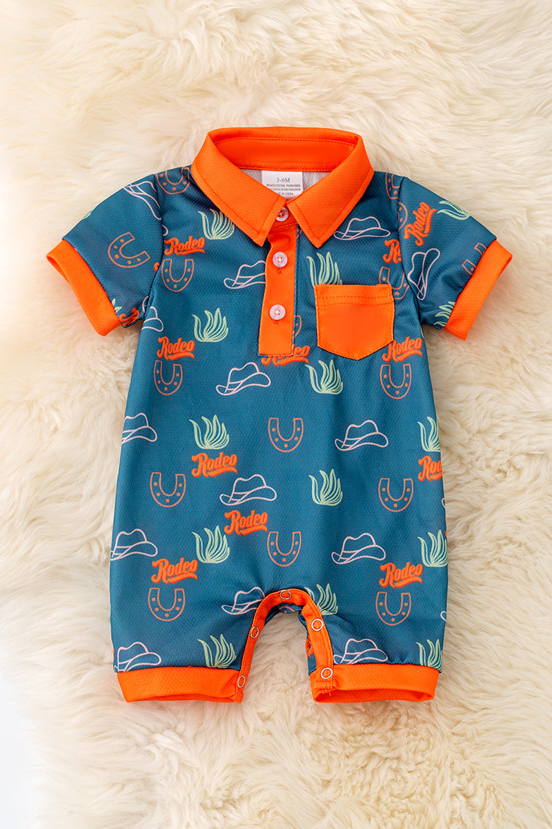 Rodeo blue and orange trim cactus printed baby romper. RPB50271