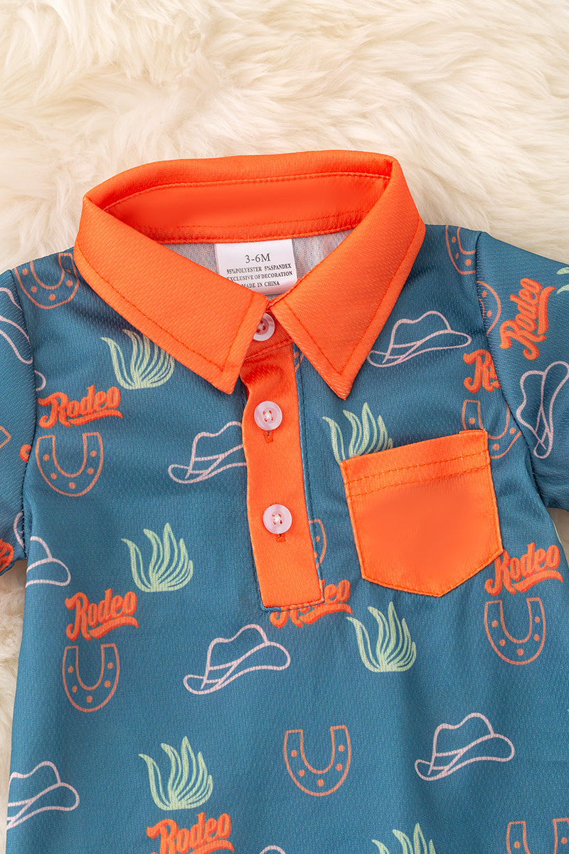 Rodeo blue and orange trim cactus printed baby romper. RPB50271