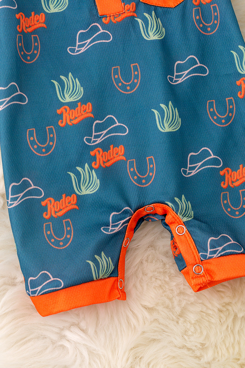 Rodeo blue and orange trim cactus printed baby romper. RPB50271