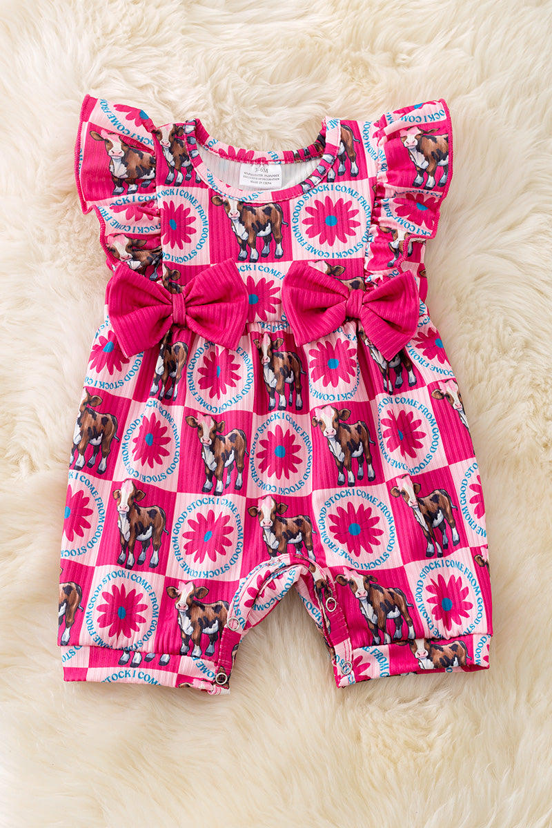 "I come from good stock" Cow printed baby romper w/side bows. RPG50644