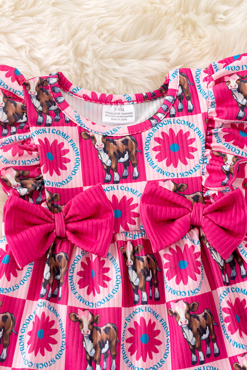 "I come from good stock" Cow printed baby romper w/side bows. RPG50644