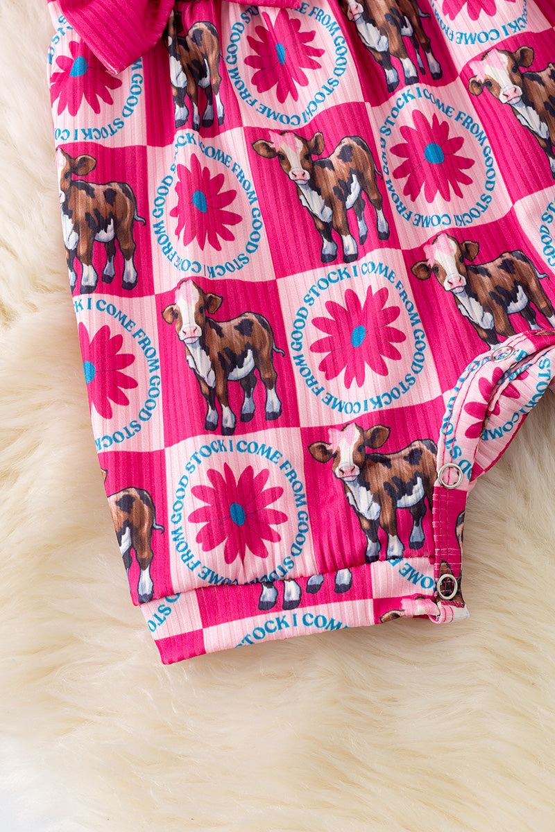 "I come from good stock" Cow printed baby romper w/side bows. RPG50644