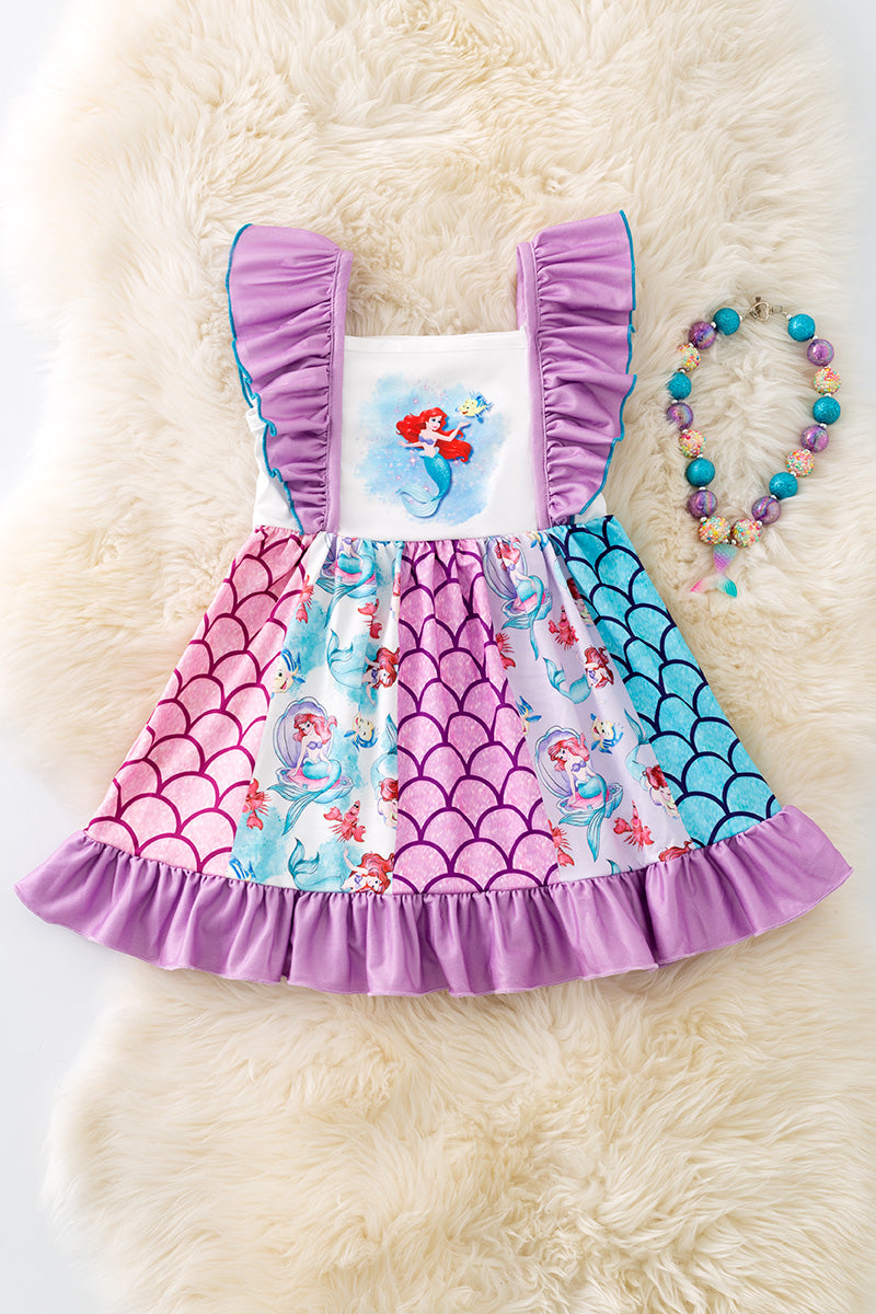 Cute colorful mermaid character printed dress.