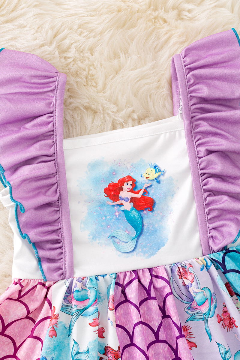 Cute colorful mermaid character printed dress.