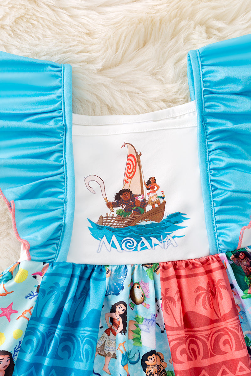 Turquoise printed themed dress w/ruffle hem.