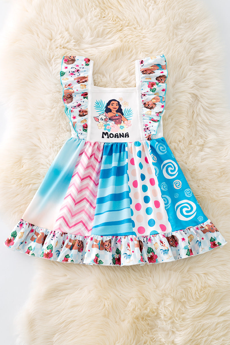 M*oana themed character printed girls ruffle dress.