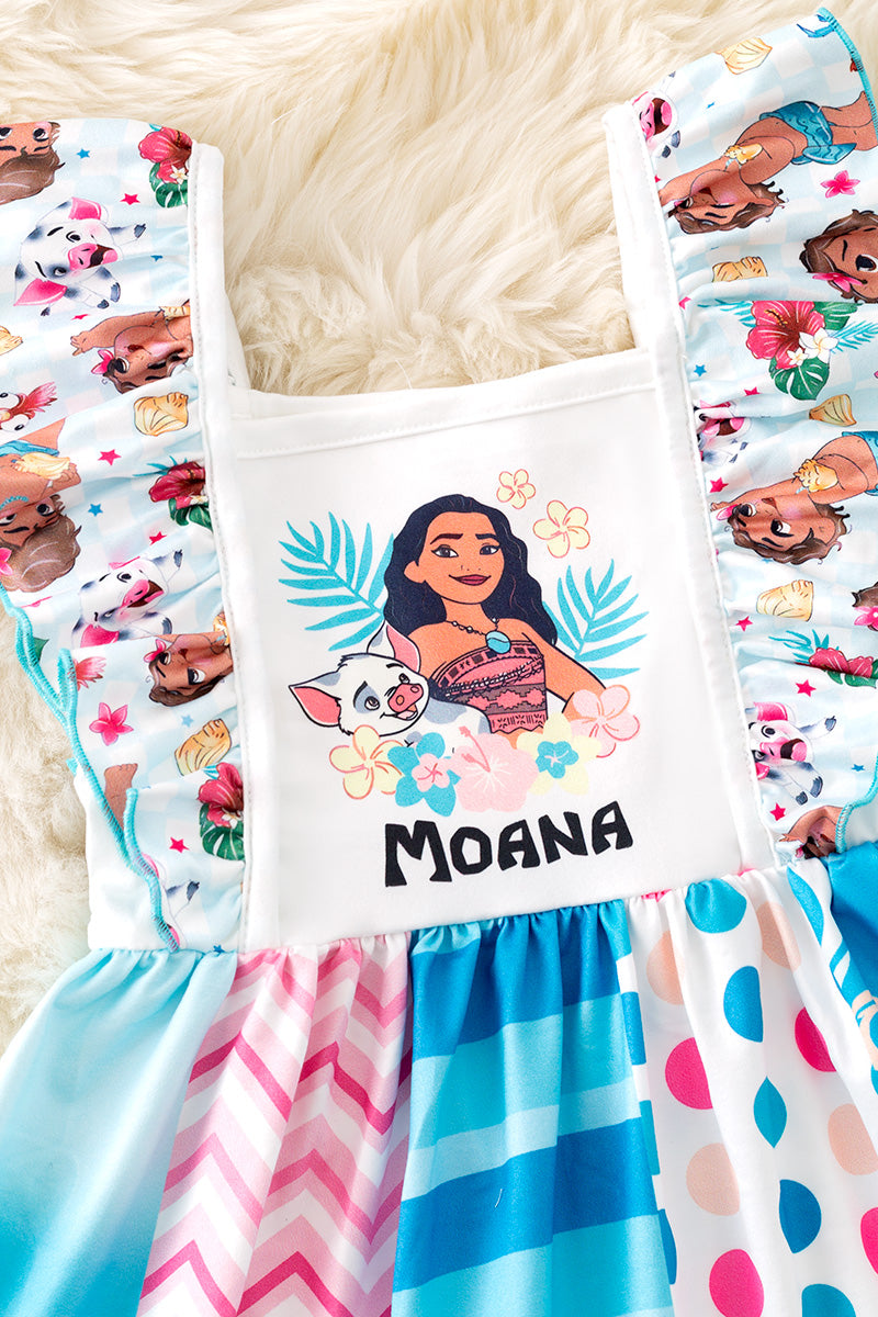 M*oana themed character printed girls ruffle dress.