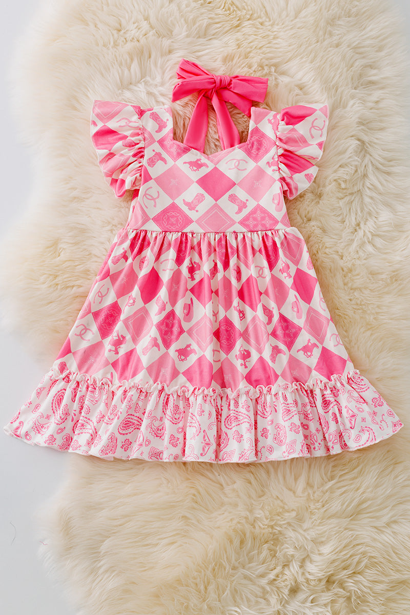 Cowgirl diamond print dress with ruffle hem and angel sleeves. DRG51210